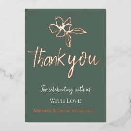 Bosgroene minimale bloemige trouwthank-you folie uitnodiging