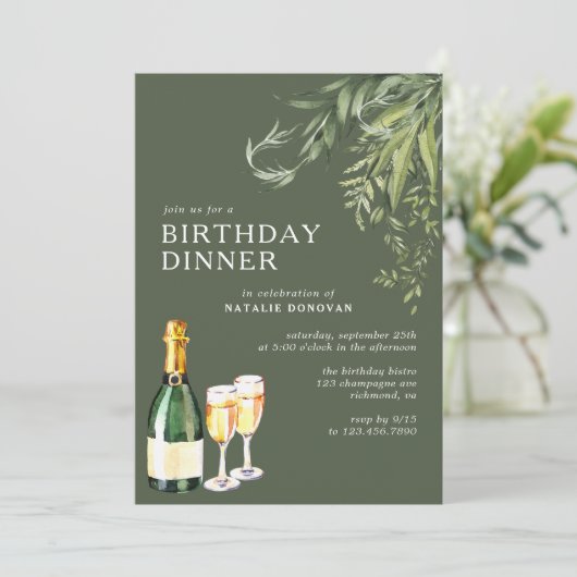 Bosgroene mos moderne champagnetuin verjaardagsdin kaart (Staand voorkant)