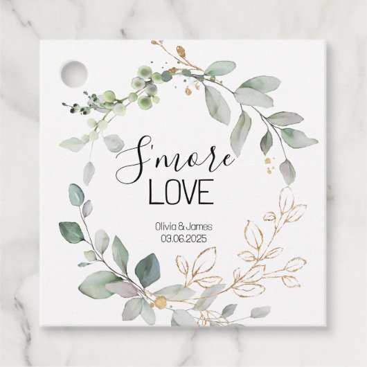 Bosgroene Trouw S'more Liefdesgunsttag Bedankjes Labels (Voorkant)