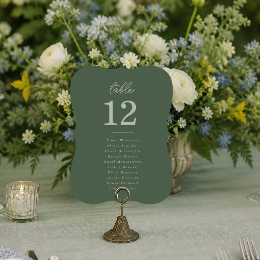 Bosgroene trouwtafel nummervoorzitkaarten kaart