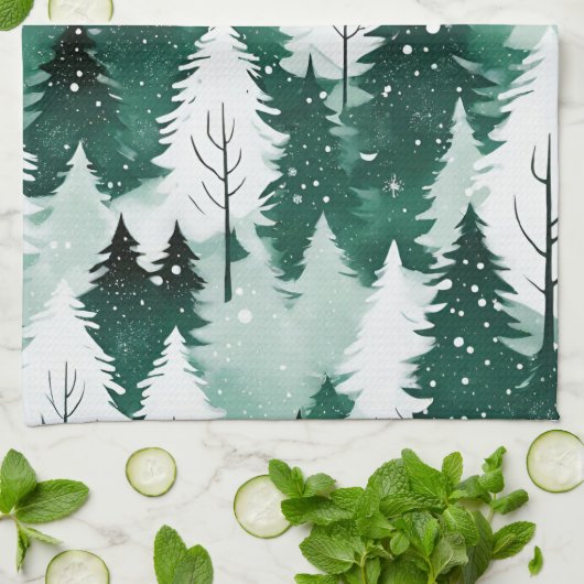 Bosgroene winterbomen Sneeuw Kerst Keuken Theedoek (Gevouwen)