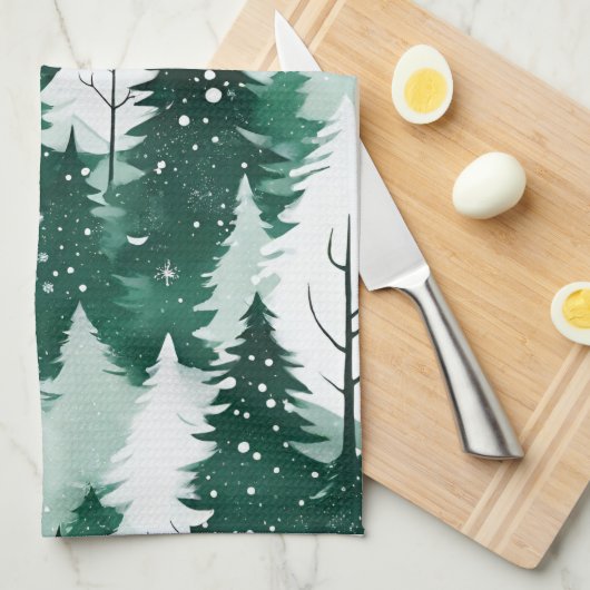 Bosgroene winterbomen Sneeuw Kerst Keuken Theedoek (Quarter Fold)