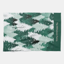 Bosgroene winterbomen Sneeuw Kerst Keuken Theedoek