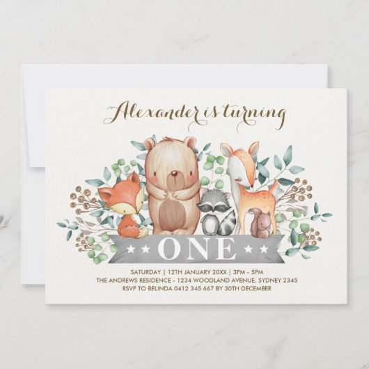 Bosgrond 1e Verjaardag | Fantasievolle Bosdieren Kaart (Voorkant)