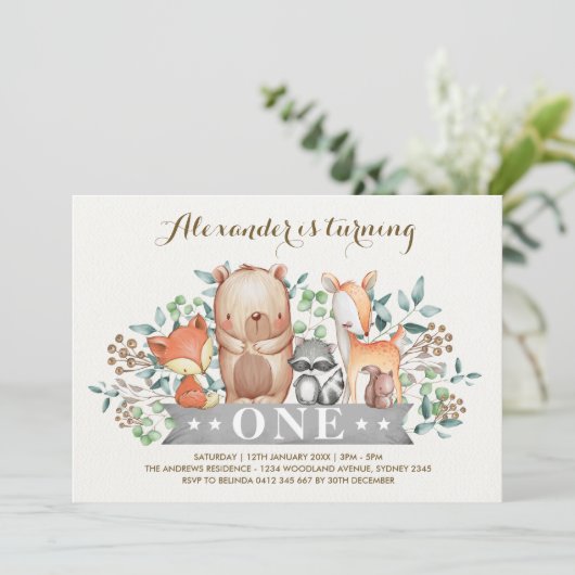 Bosgrond 1e Verjaardag | Fantasievolle Bosdieren Kaart (Staand voorkant)