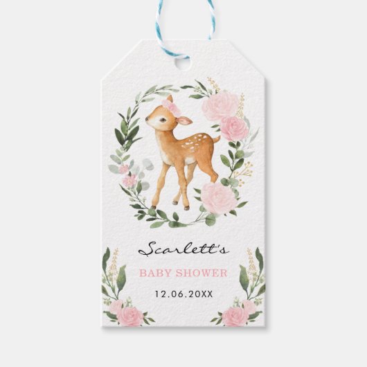 Bosherten Blush Bloemen Groen Goud Baby Fawn Cadeaulabel (Voorkant)