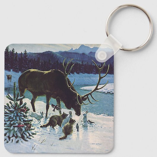  boskaarten en Elk in Winter Snow Sleutelhanger (Achterkant)