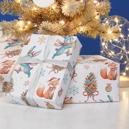 Boskerst vos, konijn en dennenappel patroon cadeaupapier (Feestdagen)