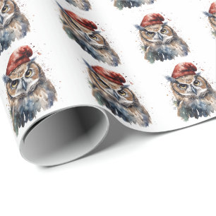 Boskerst Waterverf Uil Kerstman Hoed Cadeaupapier