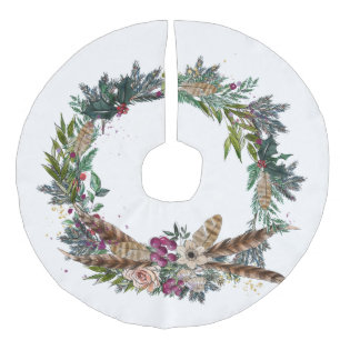 Boskerstkrans met veren imitatie linnen kerstboom kleed