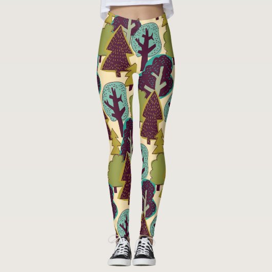 Boskleur Doodle Bomen Illustratie Leggings (Voorkant)
