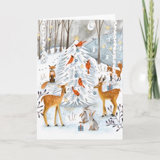 Bosland blauw & wit Boom en dieren Bos Feestdagen Kaart (Voorkant)