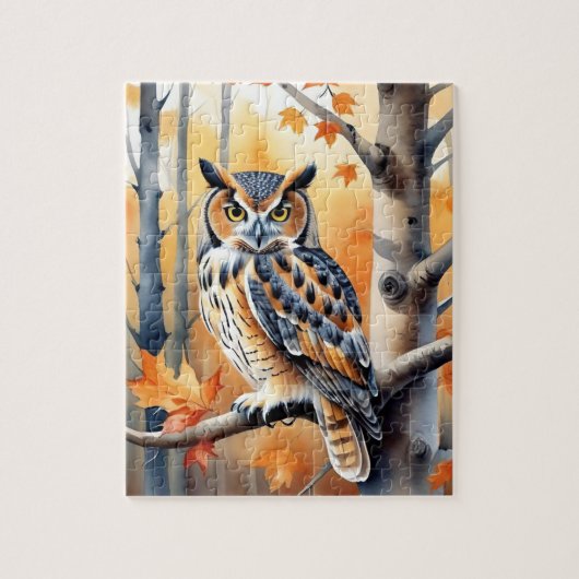 Bosland bos waterverf uil herfst dier legpuzzel (Verticaal)