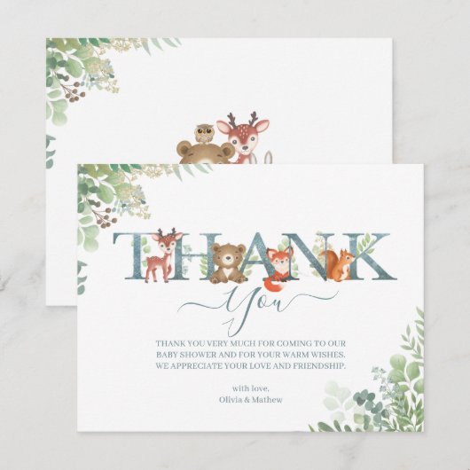 Bosland Dieren Botanische Letter Baby shower Bedankkaart (Voorkant / Achterkant)