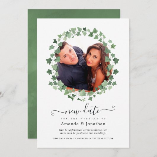Bosland groene bos bruiloft nieuwe datum save the date (Voorkant / Achterkant)