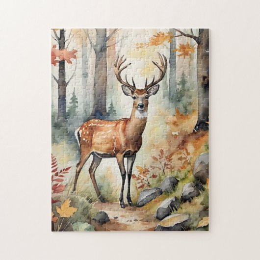 Bosland Herten Waterverf Vos Herfst Legpuzzel (Verticaal)