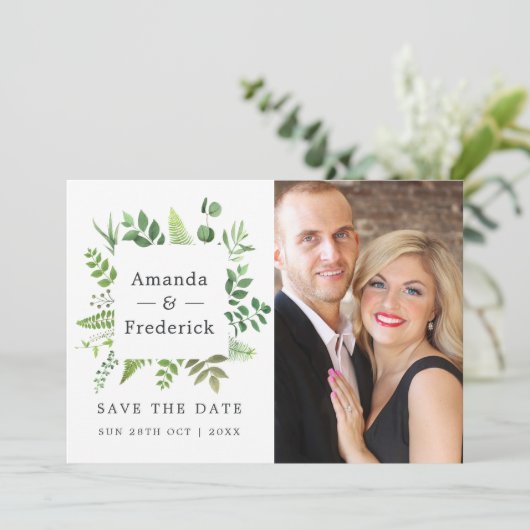 Bosland Huwelijk met Groene Decoratie Save The Date (Staand voorkant)