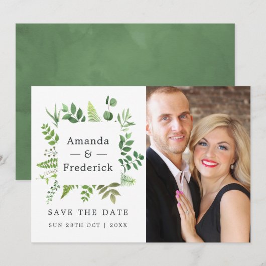 Bosland Huwelijk met Groene Decoratie Save The Date (Voorkant / Achterkant)
