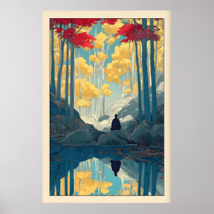 Bosland Muurkunst Serene Bomen en Gezeten Figuur Poster