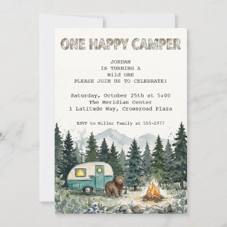 Bosland Teal Vintage Kamperen Eerste Verjaardag Kaart