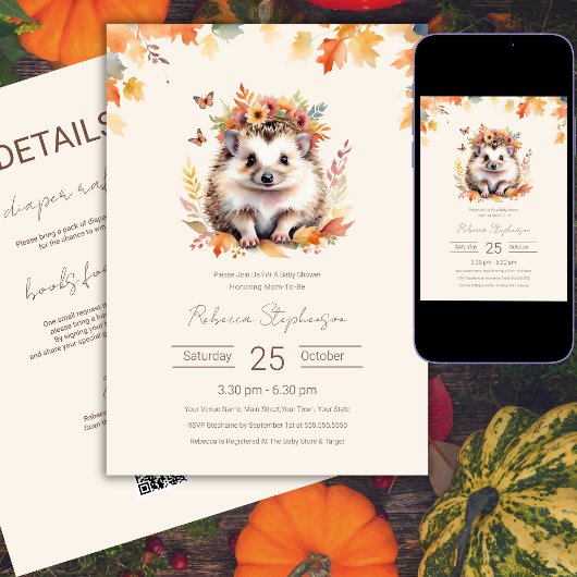 Bosland Zoete Egel Herfst Baby Shower QR Code Kaart