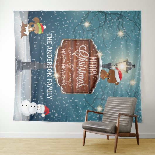 Boslandlamp post schattige dieren op sneeuw wandkleed (In Situ (horizontaal))