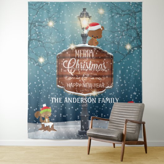 Boslandlamp post schattige dieren op sneeuw wandkleed (In situ)