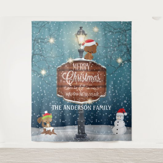 Boslandlamp post schattige dieren op sneeuw wandkleed (Voorkant)