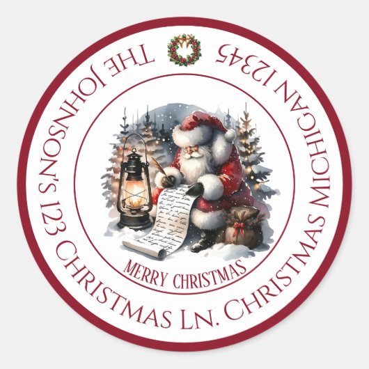 Boslandschap met kerstman ronde sticker (Voorkant)