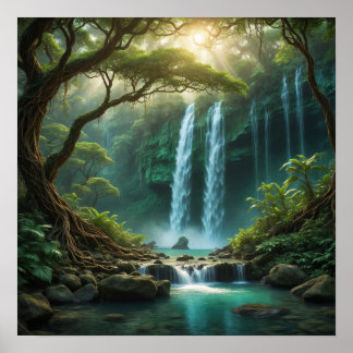 Boslandschap met waterval poster