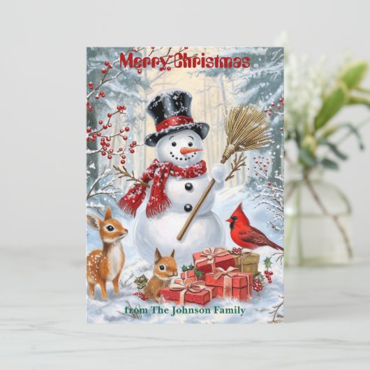 Bosman Sneeuwman | Gepersonaliseerde Kerstmis voor Feestdagenkaart (Staand voorkant)