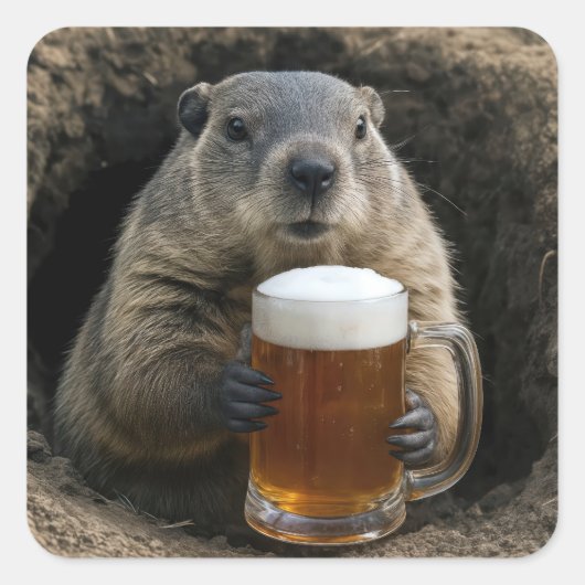 Bosmarmot Met Bierpul Vierkante Sticker (Voorkant)