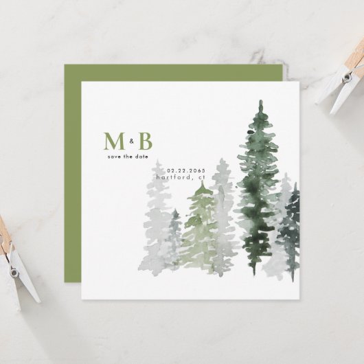 Bosmosgroene monogram save the date vierkant (Voorkant / Achterkant in situ)