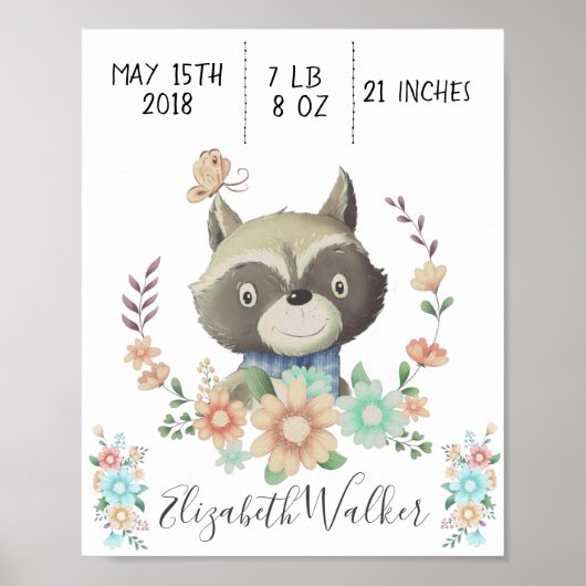 bosnvriend baby racoon geboortestaat monogram poster (Voorkant)