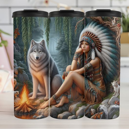 Bosontmoeting: Vrouw, Wolf, Vuur. Thermosbeker