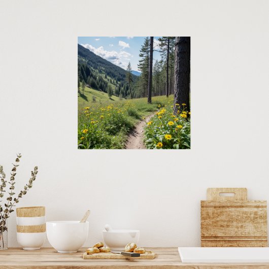 Bospad met gele wilde bloemen poster (Keuken)