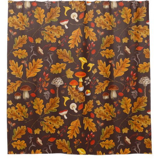 Bospaddenstoelen en herfstflora op bruin douchegordijn (Voorkant)