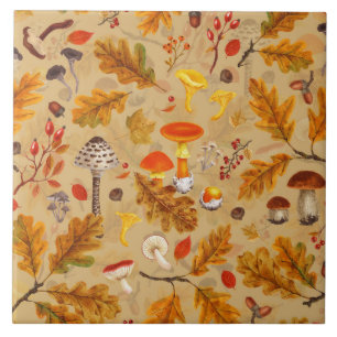 Bospaddenstoelen en herfstflora op oker tegeltje