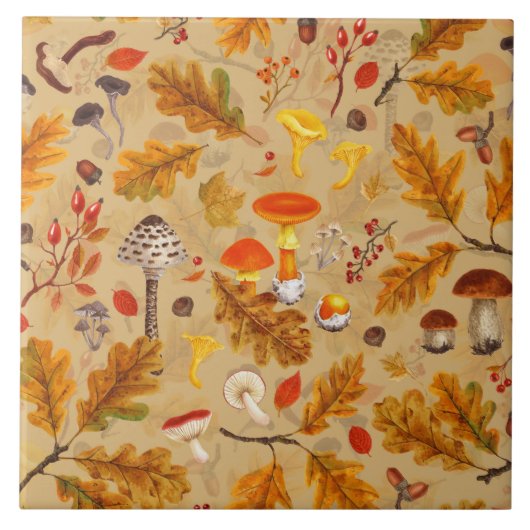 Bospaddenstoelen en herfstflora op oker tegeltje (Voorkant)