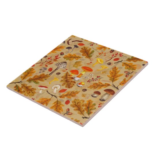 Bospaddenstoelen en herfstflora op oker tegeltje (Zijkant)