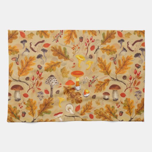 Bospaddenstoelen en herfstflora op oker theedoek (Horizontaal)