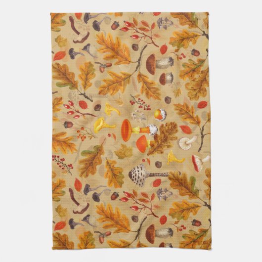 Bospaddenstoelen en herfstflora op oker theedoek (Verticaal)