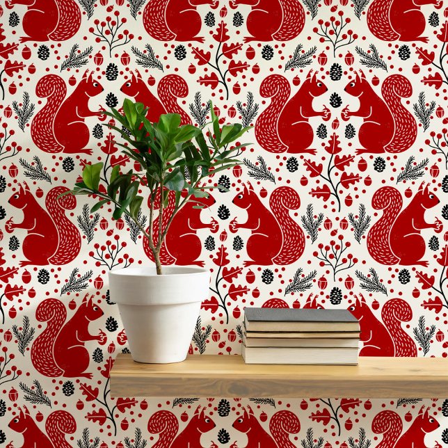 bospatroon van het eekhoornbos behang (Modern squirrel woodland forest pattern peel and stick wallpaper)