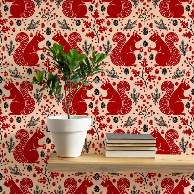 bospatroon van het eekhoornbos behang (Modern squirrel woodland forest pattern peel and stick wallpaper)