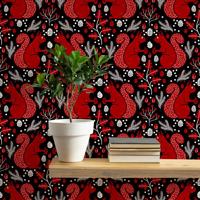 bospatroon van het eekhoornbos behang (Modern squirrel woodland forest pattern peel and stick wallpaper)