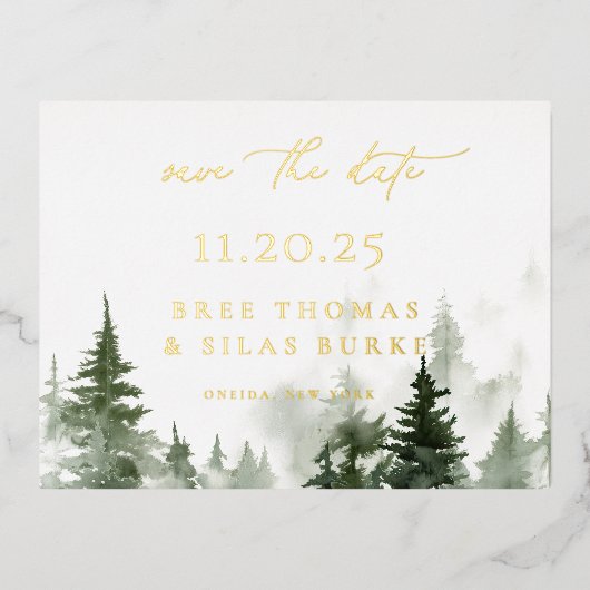 Bospijnbomen sparen de datum Folie Briefkaart (Voorkant)