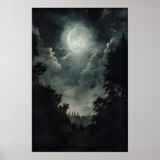 Bosprint bij maanlicht, Gotische heksendecoratie, Poster