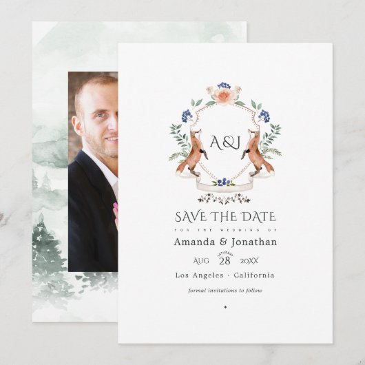 Bosrand Laurier Crest Monogram Trouwfoto Save The Date (Voorkant / Achterkant)