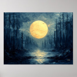 Bosreflectie bij Maneschijn – Abstract Blauw & Gou Poster