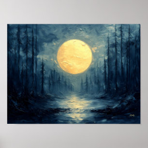 Bosreflectie bij Maneschijn – Abstract Blauw & Gou Poster